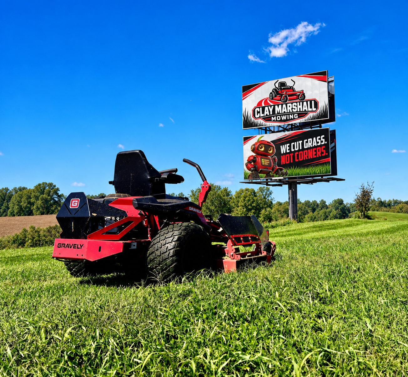Red mower beneath two billboards displaying Clay Marshall Mowing and Tiller’s slogan: We cut grass. Not corners.