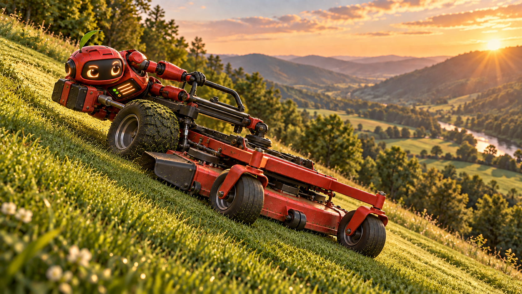 Tiller hanging off a red mower on a grassy hillside, with a river valley and golden sunset behind him