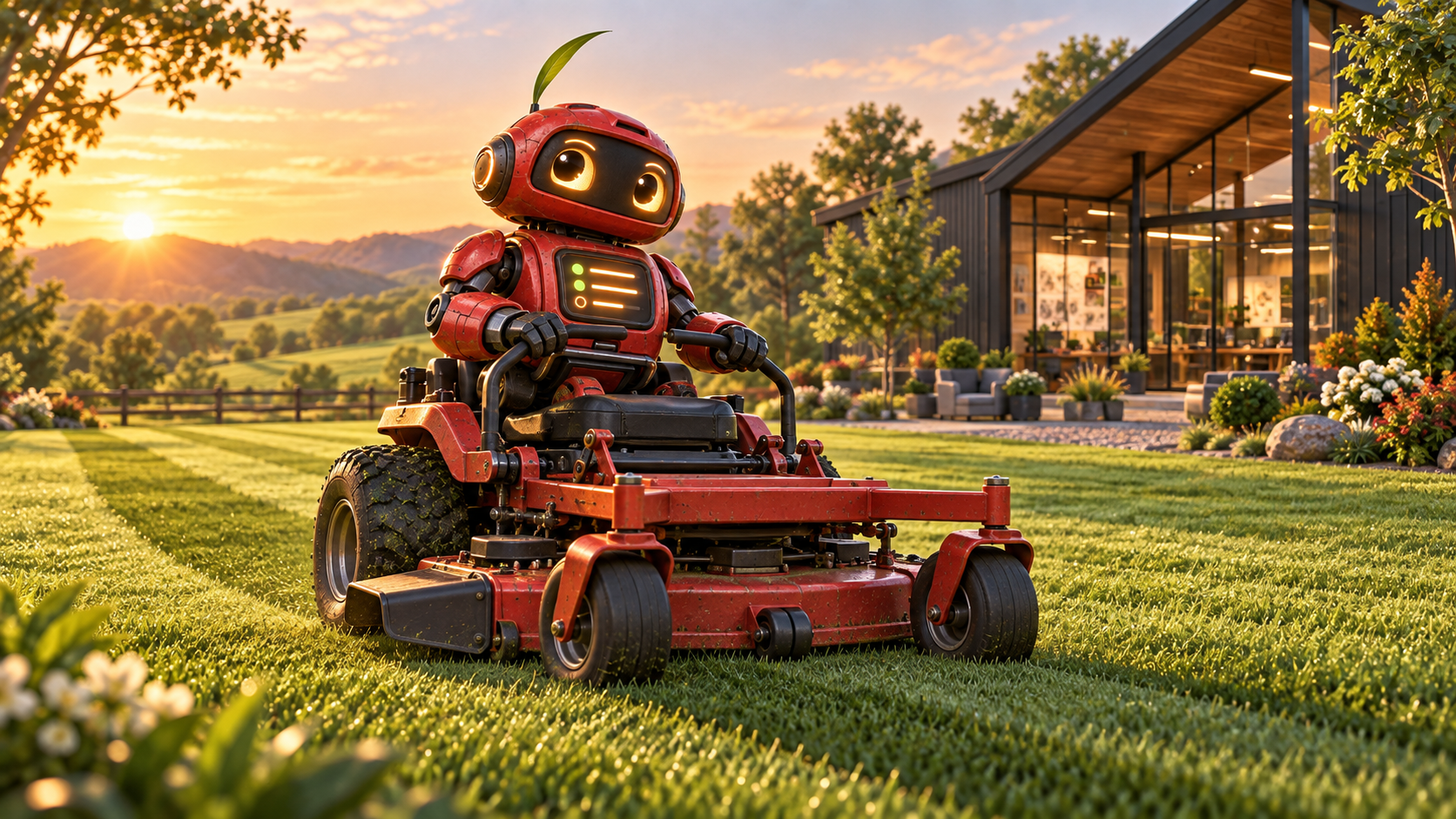 Tiller smiling from a red mower outside a barn